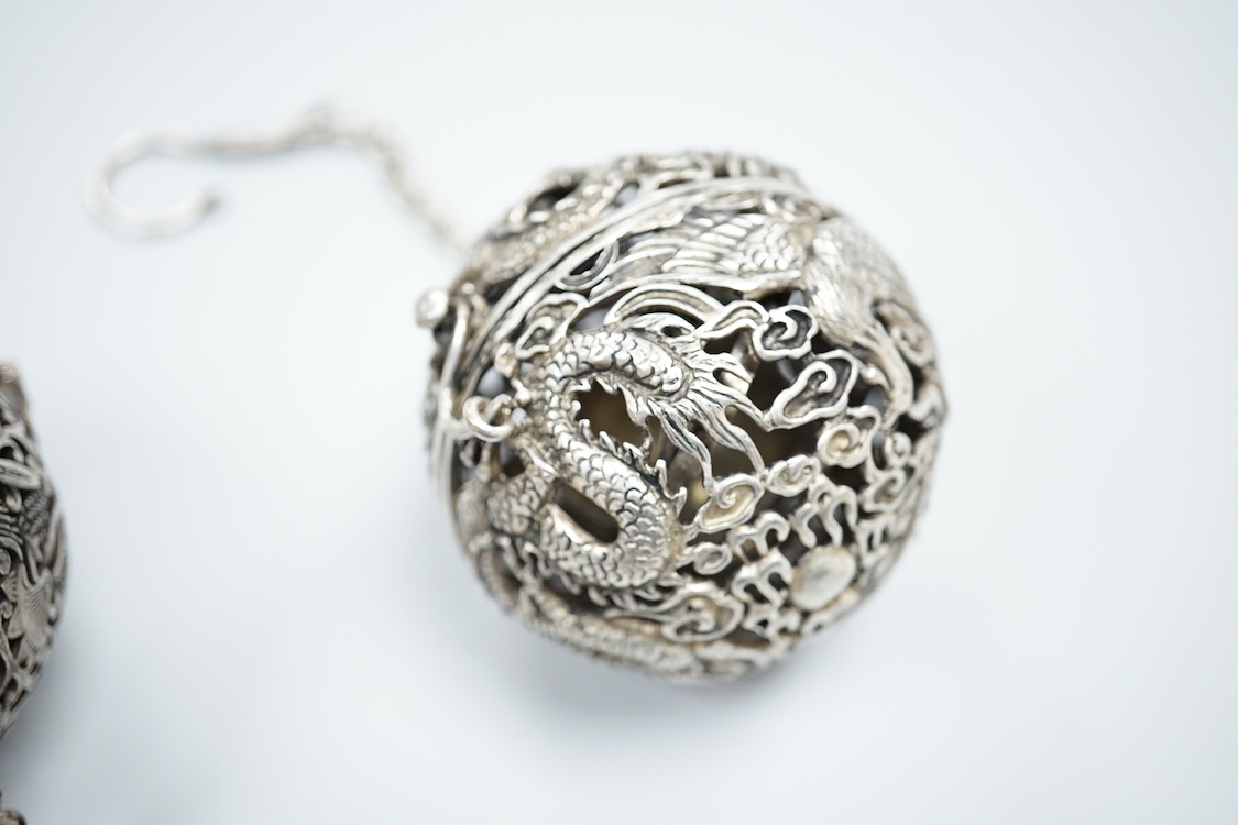Two Chinese white metal pomanders